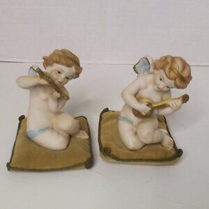 Vintage Angel Figure On Pillow Lot of 2 Guitar Flute Cherubs Ceramic 5" Tall
